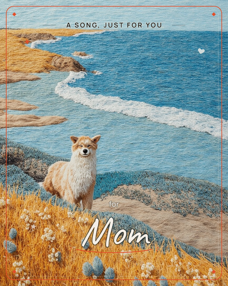 A fox stands on a grassy coastal bluff, looking straight out at the viewer, with waves curling onto a rocky shoreline below and the sea stretching to…, a just because e-card design