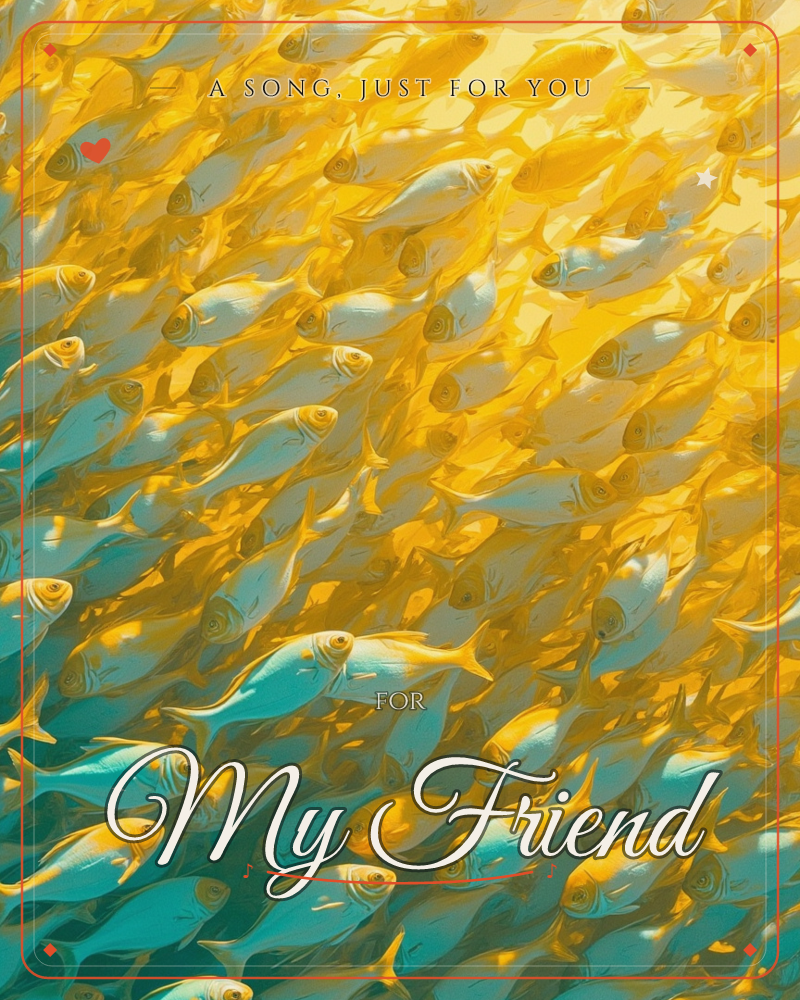 A dense school of fish swims diagonally across the frame, their bodies shifting from golden yellow at the top to teal blue below where sunlight fades…, a just because e-card design
