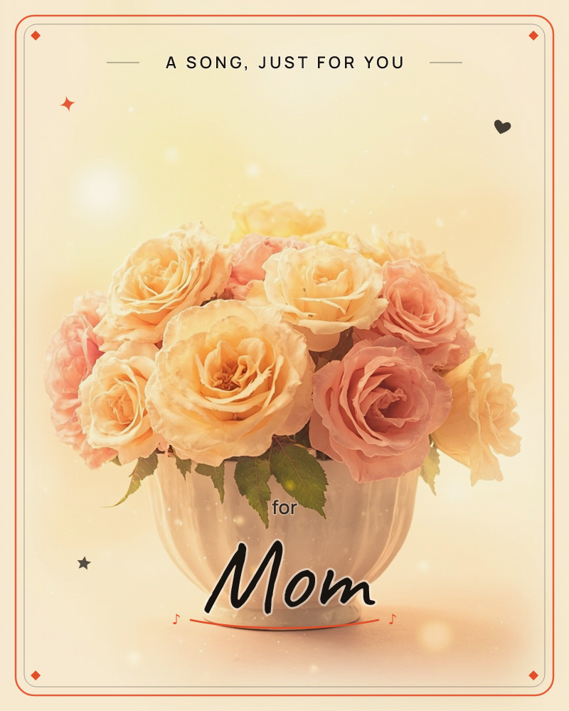 A rounded ceramic vase holds a full bunch of peach and dusty-pink roses, their petals catching a soft glow against a dark, vignetted background, a just because e-card design