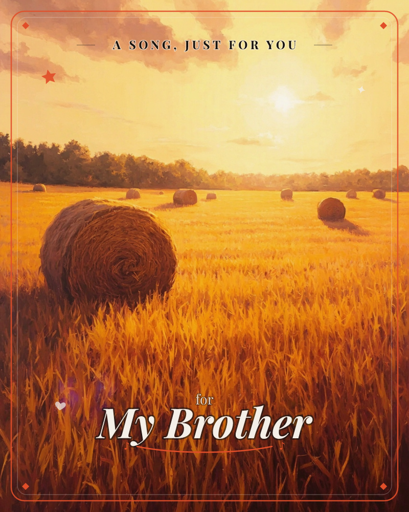 A harvest field glows under a low golden sun, its light spreading across rows of stubble and scattered round hay bales, a just because e-card design