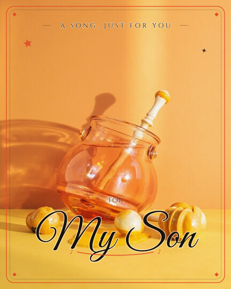 A round glass honey pot sits on a golden-yellow surface against a warm orange backdrop, a wooden dipper resting inside with a small pool of honey…, a just because e-card design