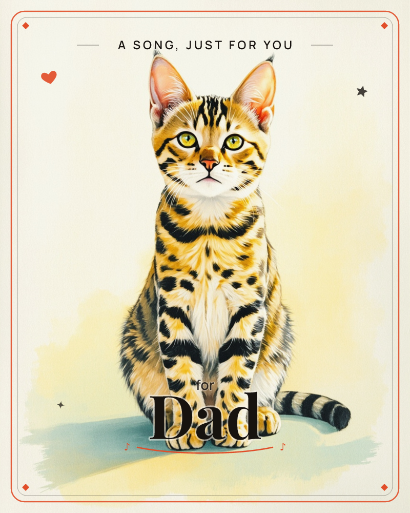 A spotted Bengal-type cat sits bolt upright and alert against a soft cream background washed with pale yellow, its striped tail curling round its front…, a just because e-card design