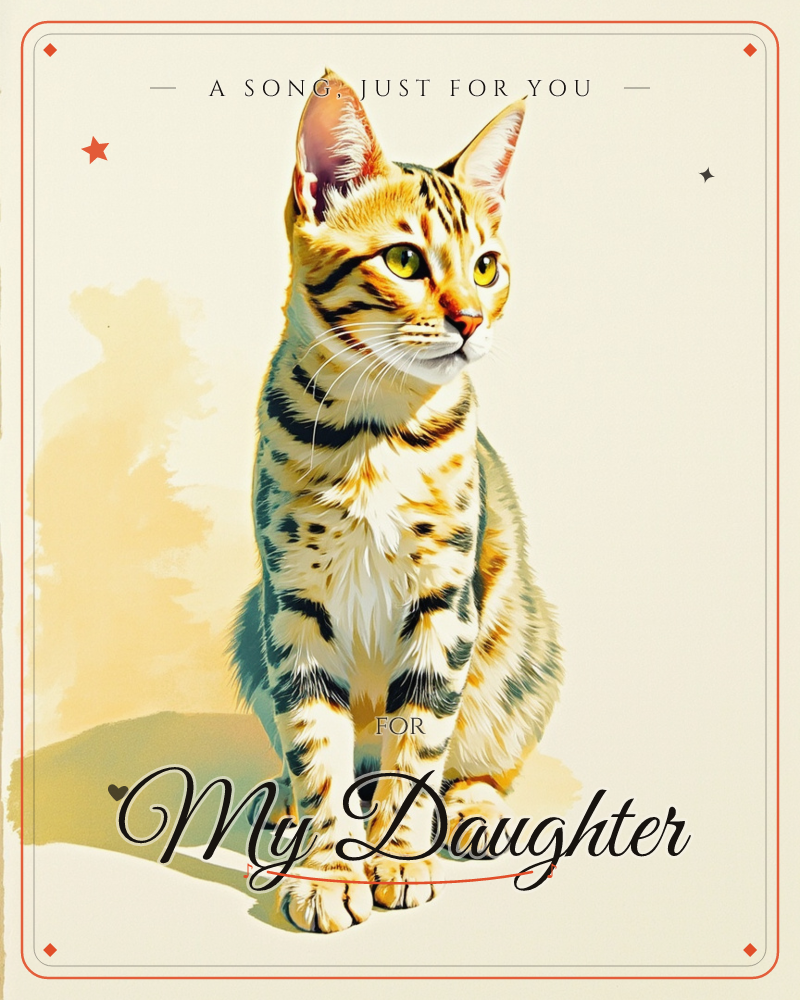 A striking spotted cat sits upright and alert against a soft cream backdrop, its golden-green eyes gazing off to one side, a just because e-card design
