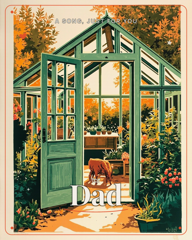 A mint-green glasshouse stands open amid autumn trees glowing orange and gold, its door thrown wide to reveal potted plants lined up on a wooden bench…, a just because e-card design