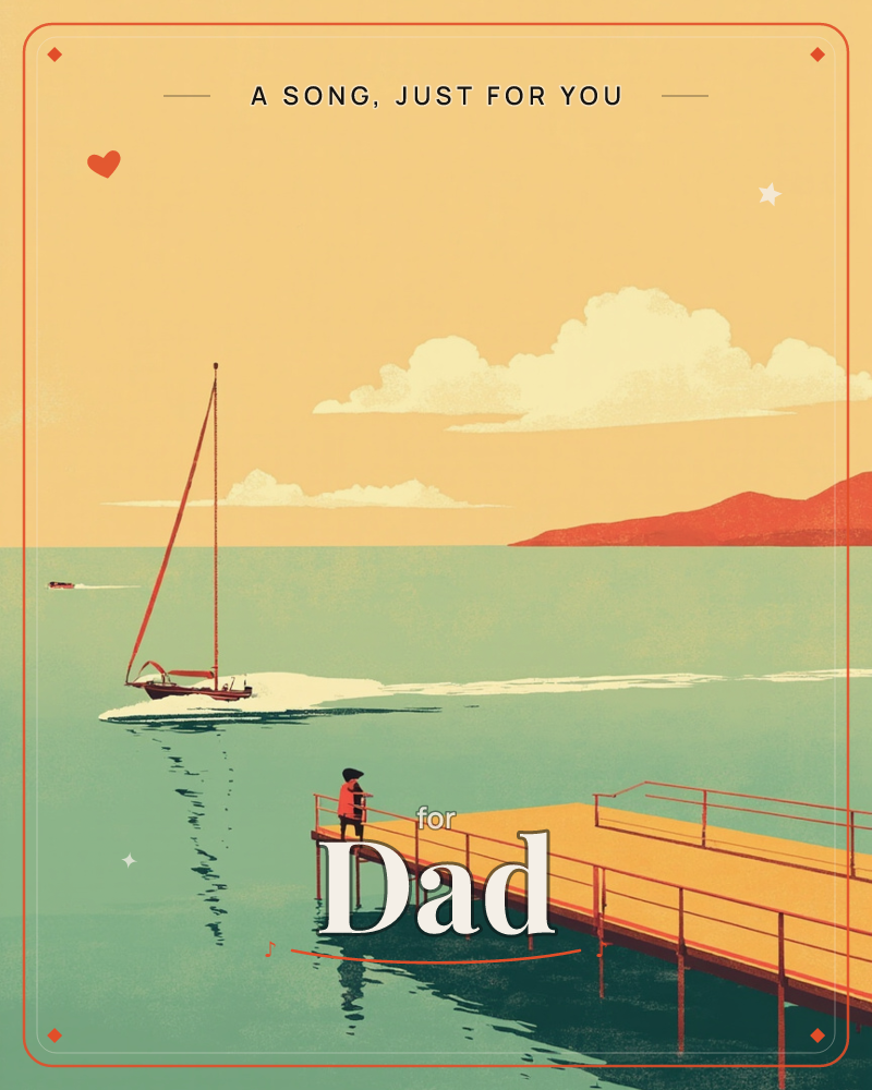 A child in a red coat stands at the end of a long wooden pier, watching a red-sailed boat glide across a calm, teal-green sea, a just because e-card design