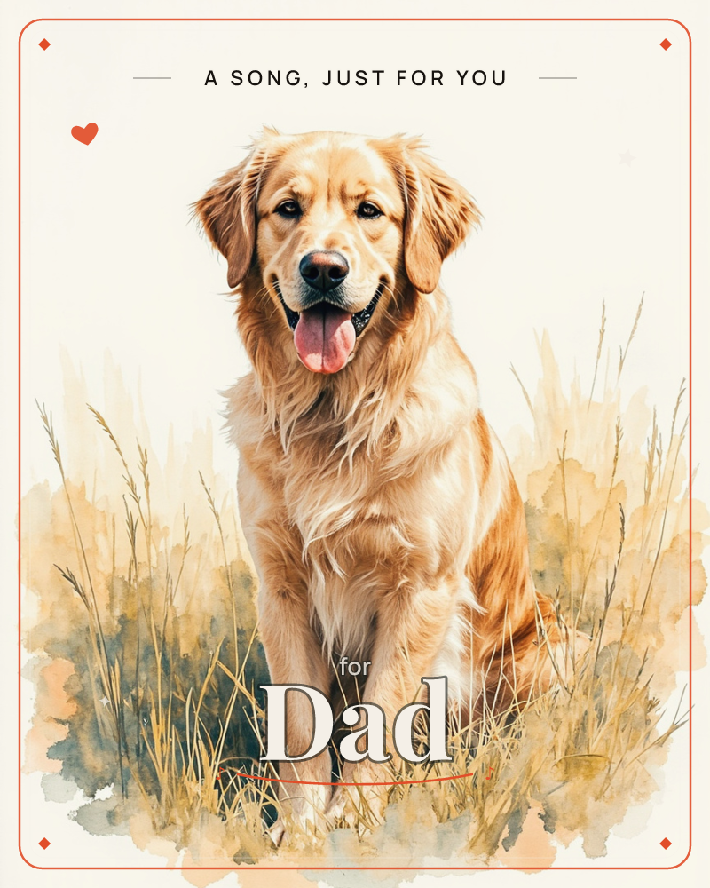 A golden retriever sits amid tall grasses and wispy seed heads, mouth open in a happy pant, painted in soft watercolour washes that fade into a pale…, a just because e-card design
