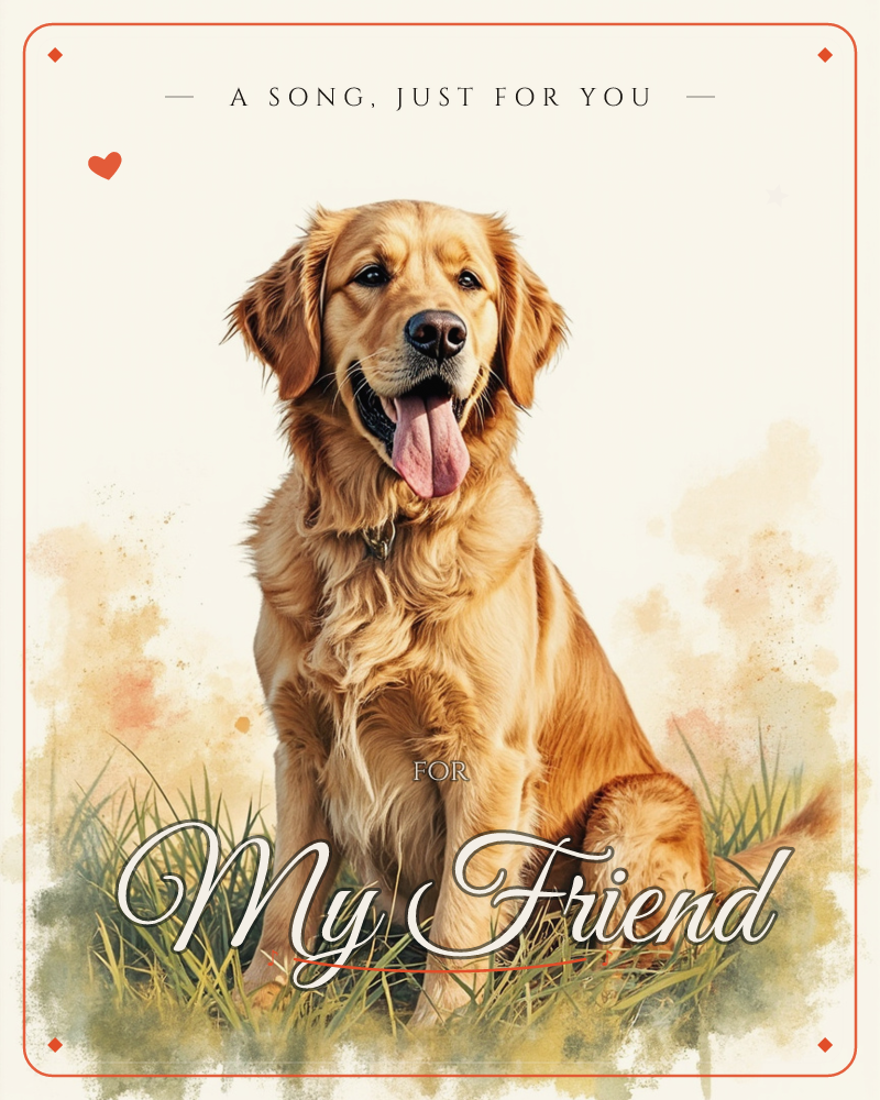 A golden retriever sits upright in a patch of grass, mouth open in a happy pant and tongue lolling to one side, a just because e-card design