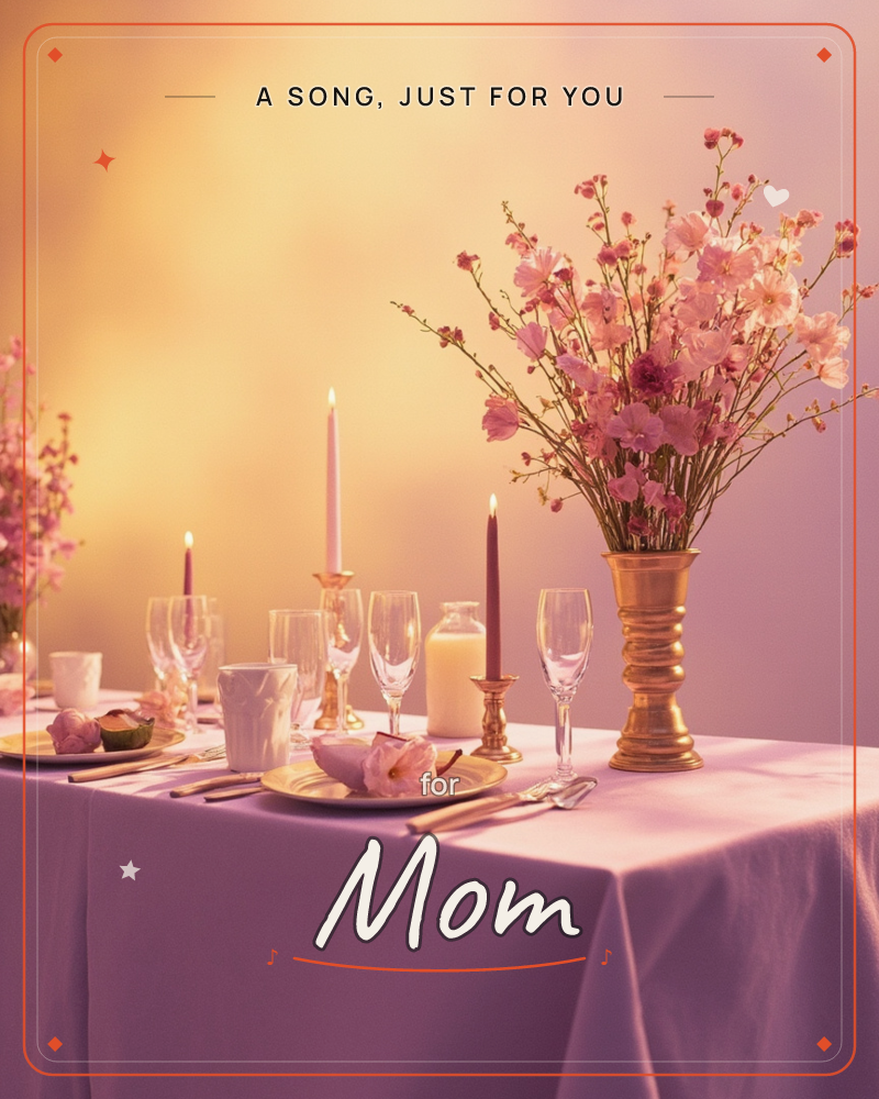 A softly lit dinner table is dressed in lilac linen, with tall taper candles glowing beside crystal glasses and gold candlesticks, a just because e-card design