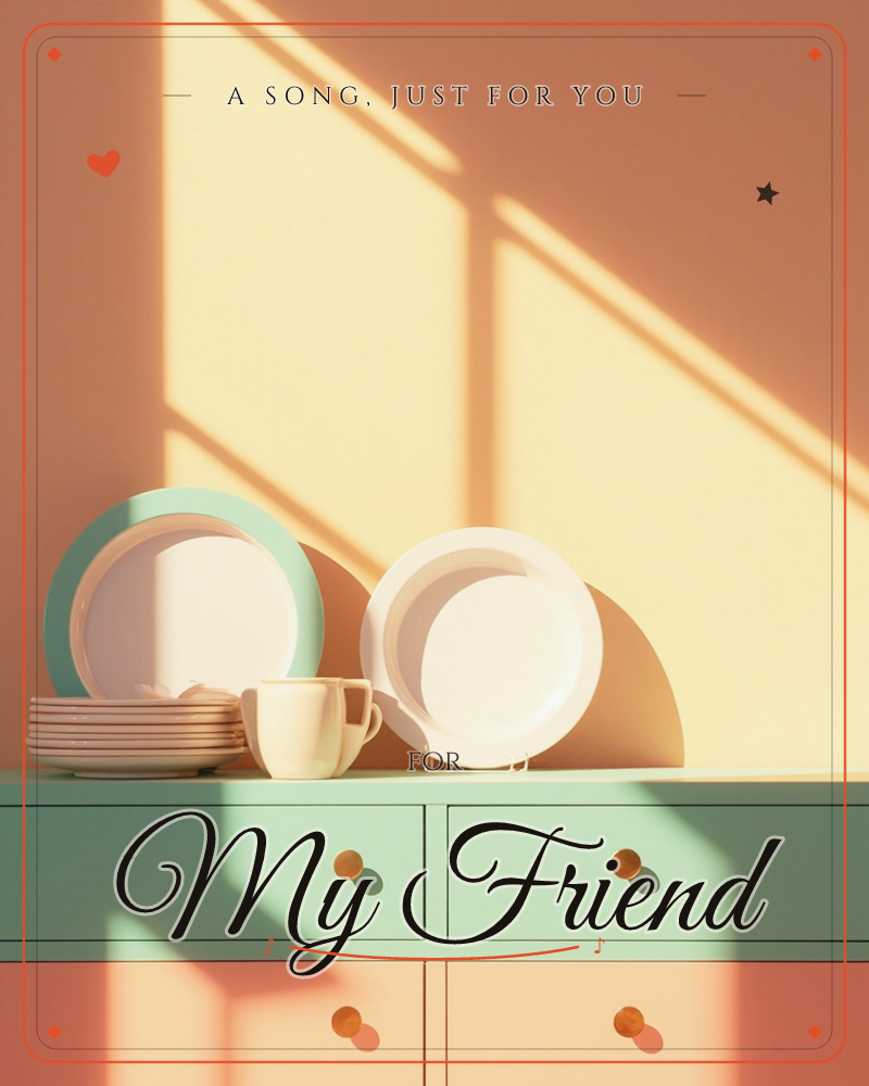 A still life of ceramic plates and a cup arranged on a sage-green sideboard, lit by a sharp diagonal beam of late sun cutting across a terracotta wall, a just because e-card design