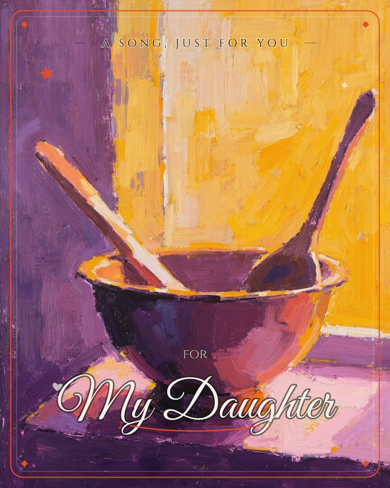 A thickly painted still life shows a purple mixing bowl with two wooden spoons propped inside it, set against a bold split background of mustard yellow…, a just because e-card design