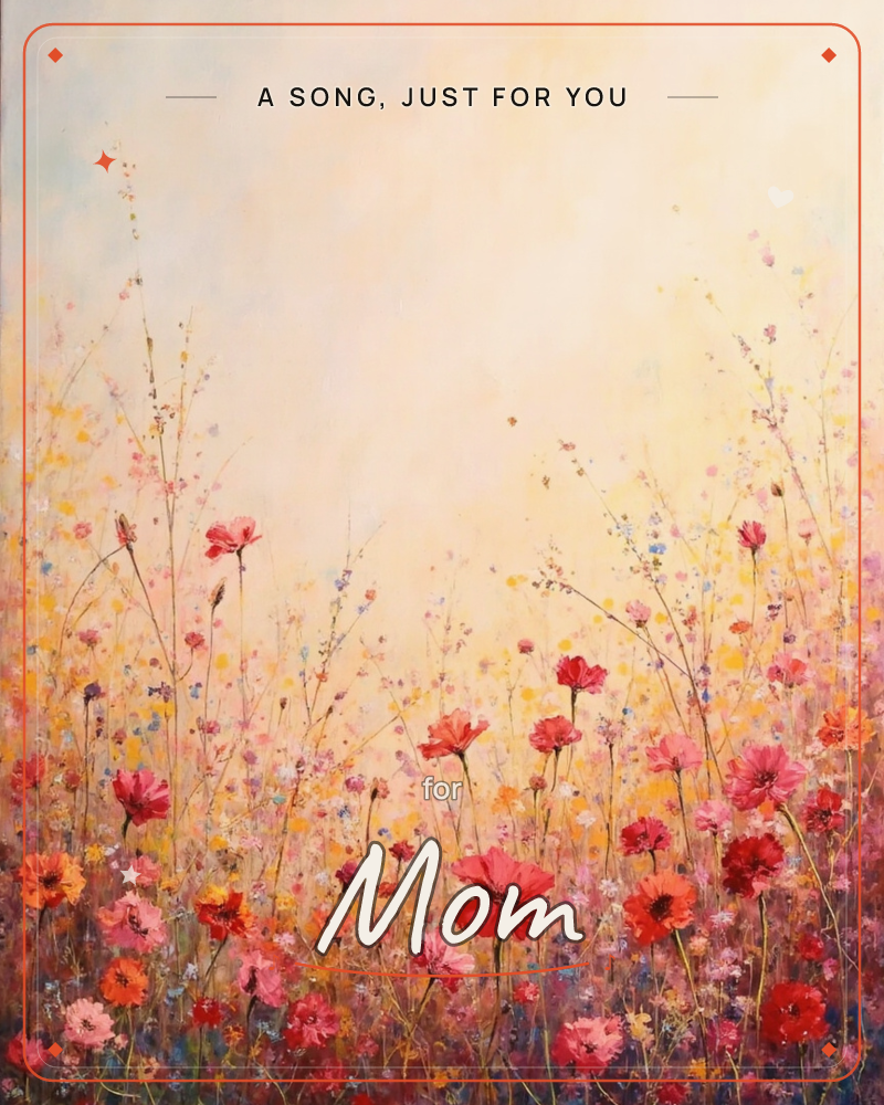 A meadow of tall wildflowers rises against a hazy golden sky, tiny sprays of pink, red, and yellow blooms scattered like light through mist, a just because e-card design