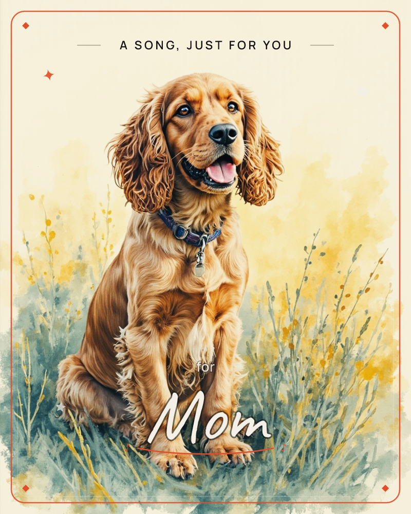 A golden cocker spaniel sits alert amid soft yellow wildflowers and pale green grasses, its silky ears and wavy coat rendered in warm honeyed tones, a just because e-card design