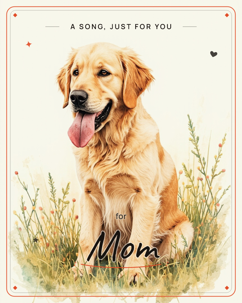A golden retriever sits happily among tall grass and small wildflowers, mouth open in a cheerful pant, a just because e-card design