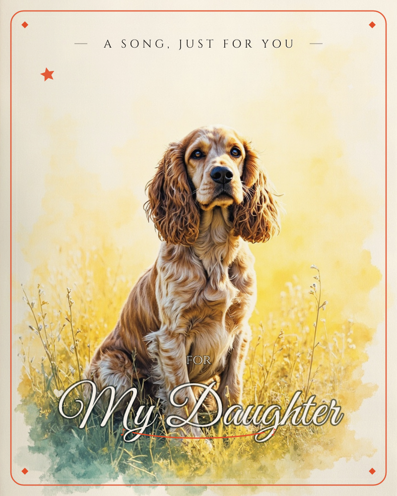 A cocker spaniel with long, wavy ears sits attentively among tall golden grasses, its coat glowing amber and cream in soft backlight, a just because e-card design