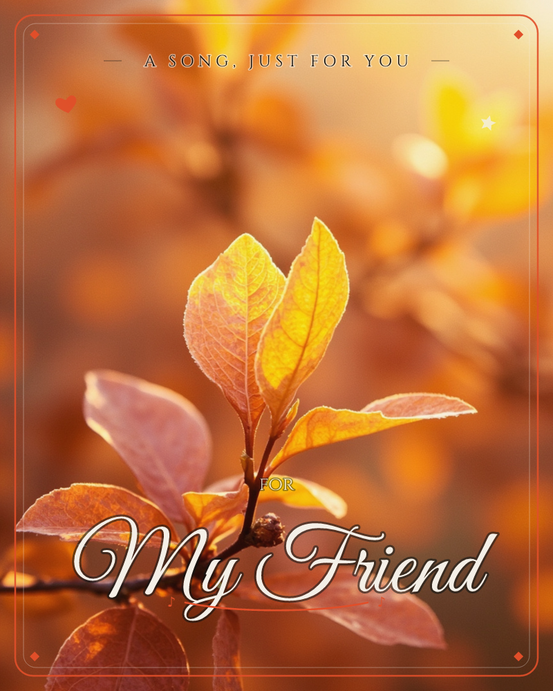 A close-up photograph of small autumn leaves lit from behind by low golden sunlight, their veins glowing translucent against a soft, blurred backdrop…, a just because e-card design