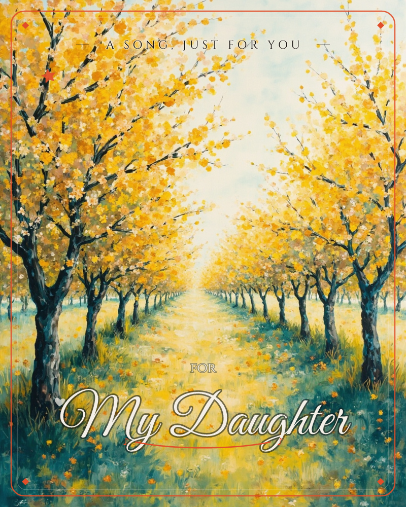 A painted avenue of trees in full golden-yellow leaf lines a grassy path that stretches into a soft, glowing horizon, a just because e-card design