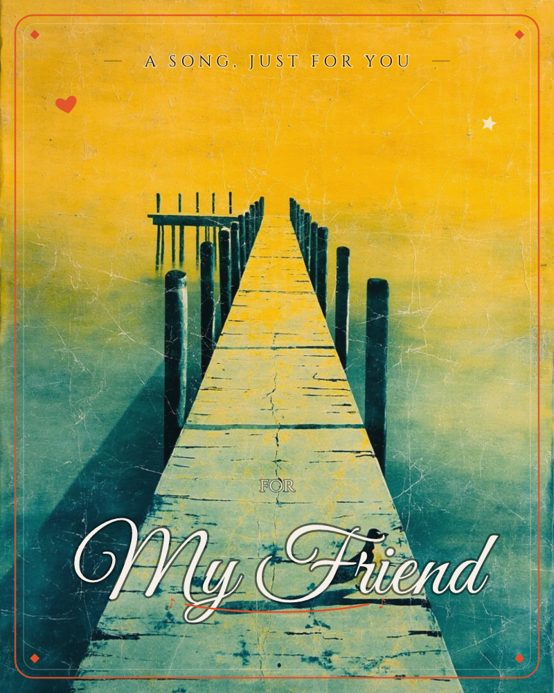 A weathered wooden pier stretches straight into a glowing horizon where mustard-yellow sky meets teal-green water, its posts lined up like a fading…, a just because e-card design
