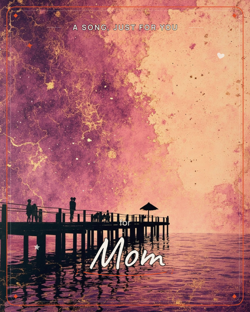 A long wooden pier stretches out over still water beneath a sky of swirling purple, pink, and gold, mottled like marbled ink with fine gilt cracks…, a just because e-card design