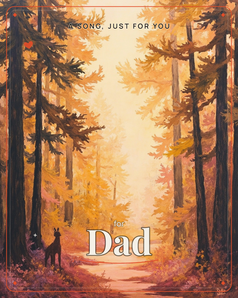 A sun-washed forest path stretches into golden mist, lined with tall pines glowing amber and rust in autumn light, a just because e-card design