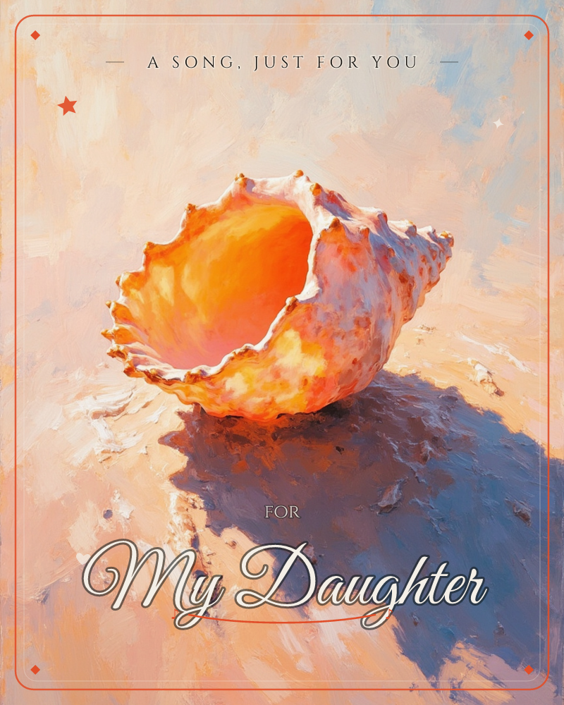 A large conch shell sits on pale sand, its glowing orange interior catching direct sunlight while the spiny, sun-bleached exterior stays soft and pale…, a just because e-card design