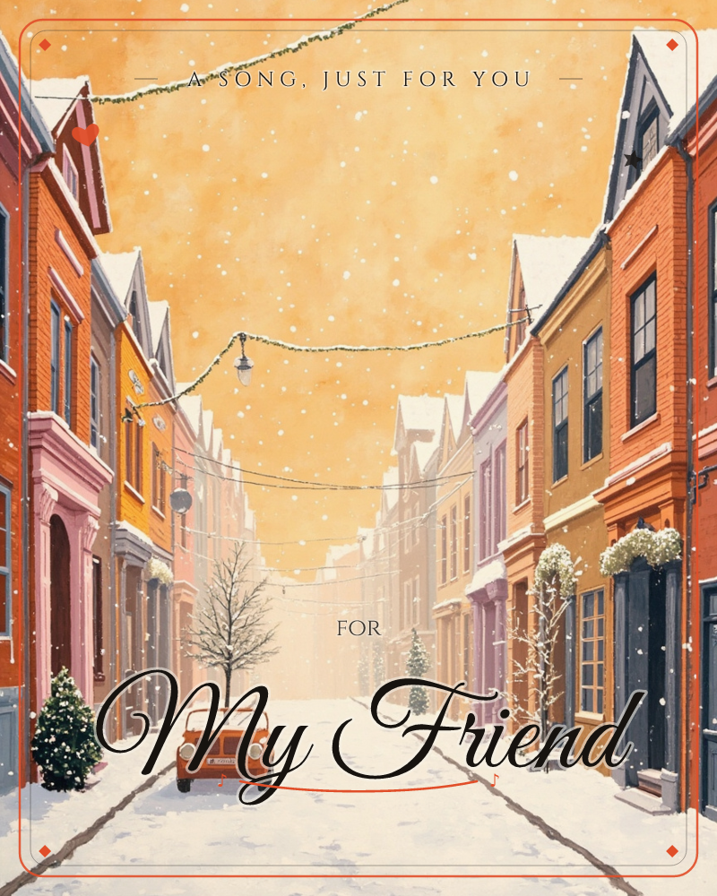 A snow-covered city street stretches between rows of colourful townhouses under a warm amber sky filled with falling snow, a just because e-card design