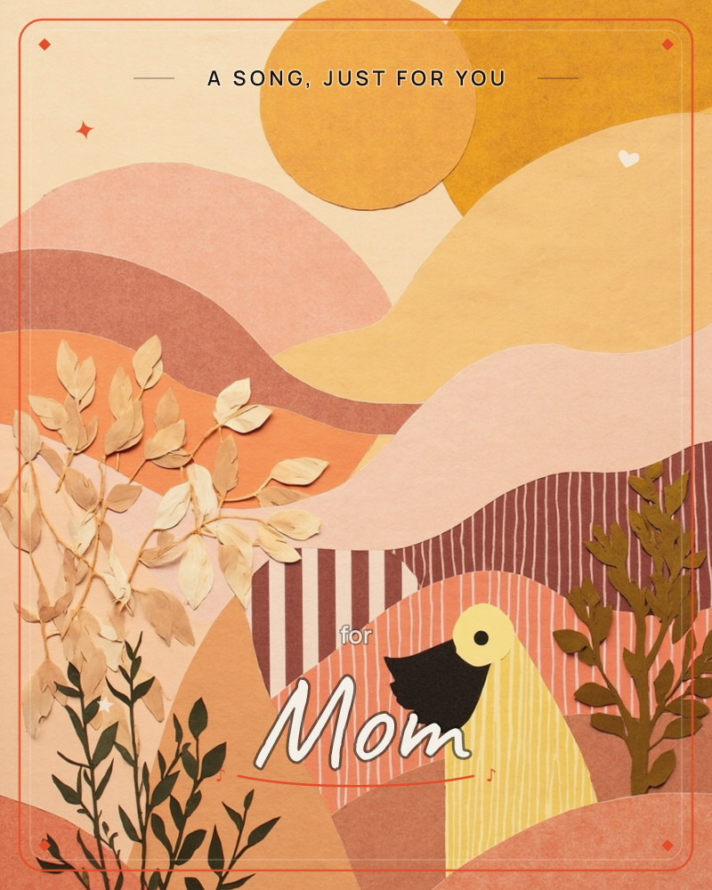 A layered paper-cut landscape of rolling hills in terracotta, rust and blush tones, topped by two overlapping mustard suns, a just because e-card design