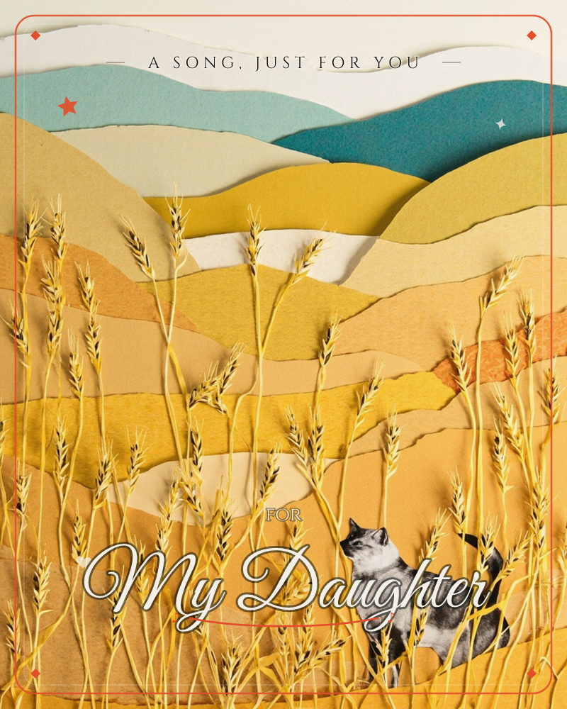 Layered paper cut-outs build rolling golden hills studded with tall wheat stalks, with cooler teal and cream ridges receding into the distance, a just because e-card design