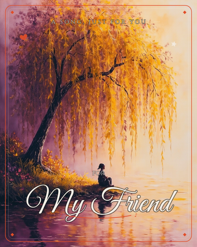 A golden willow tree drapes its glowing autumn leaves over a quiet riverbank, where a small silhouetted figure sits alone at the water's edge, a just because e-card design