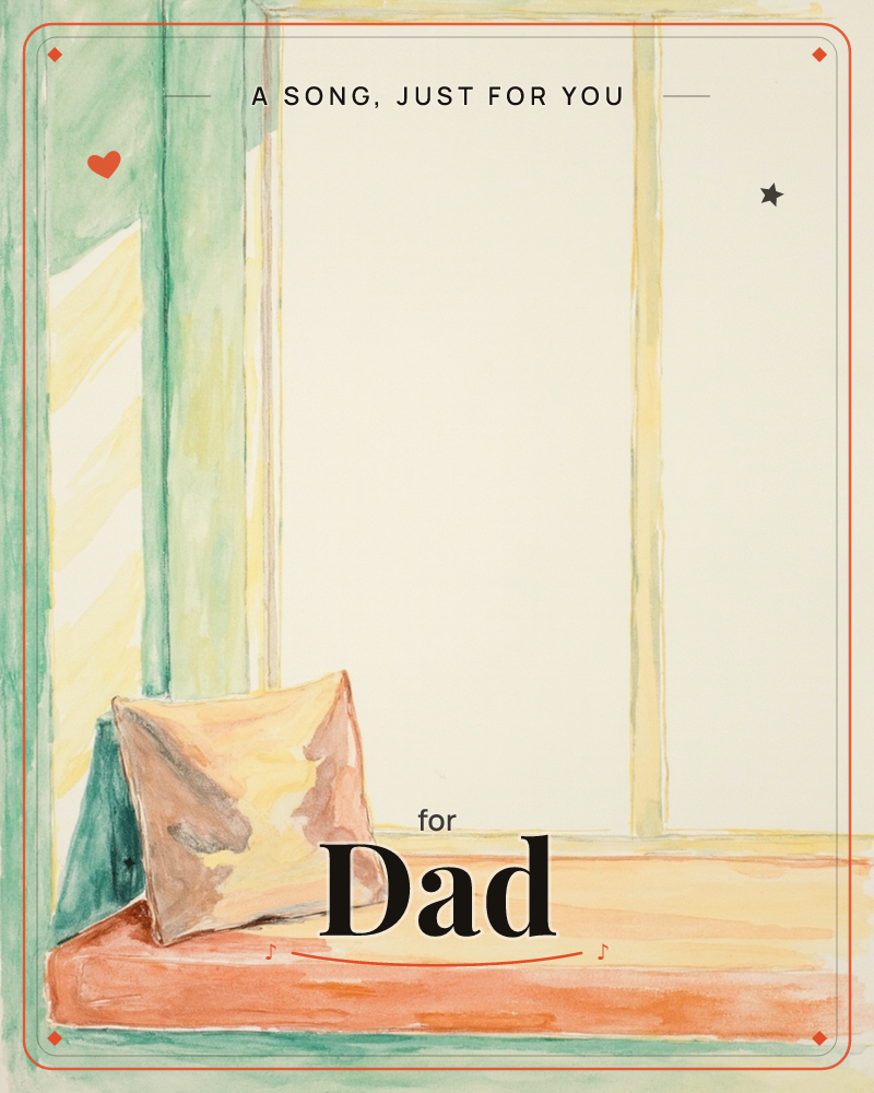 A quiet window seat rendered in loose watercolour, with a rust-orange cushion propped against a pale yellow one in the corner of a sunlit alcove, a just because e-card design