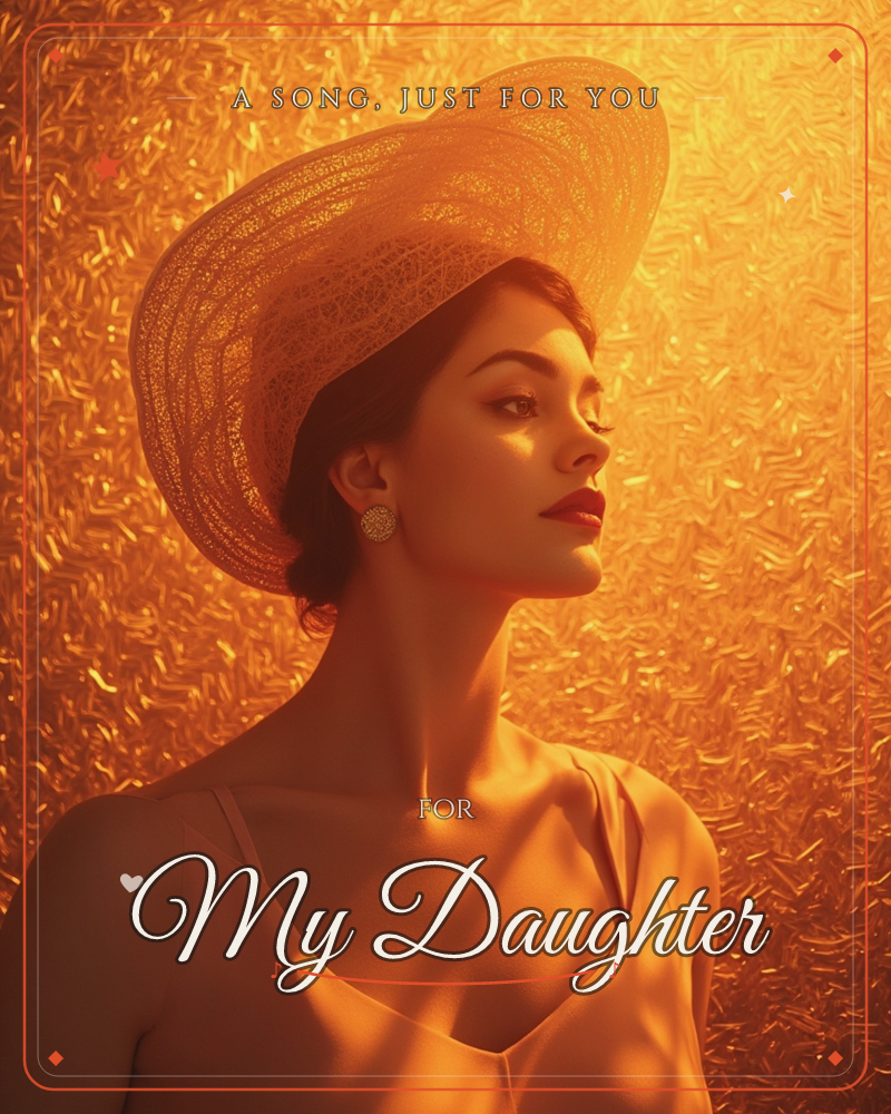 A woman in a wide woven straw hat turns her face in profile against a shimmering golden backdrop, warm light catching her cheekbone and a single drop…, a just because e-card design