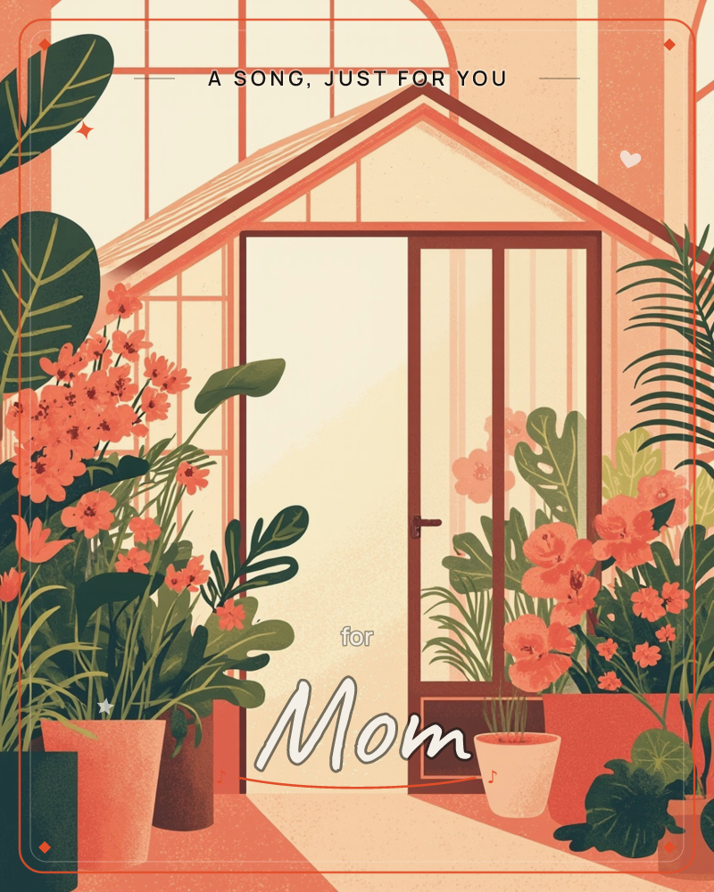 A glass greenhouse door stands open, glowing with warm light from within, framed by terracotta-red window panes and a peaked roof, a just because e-card design