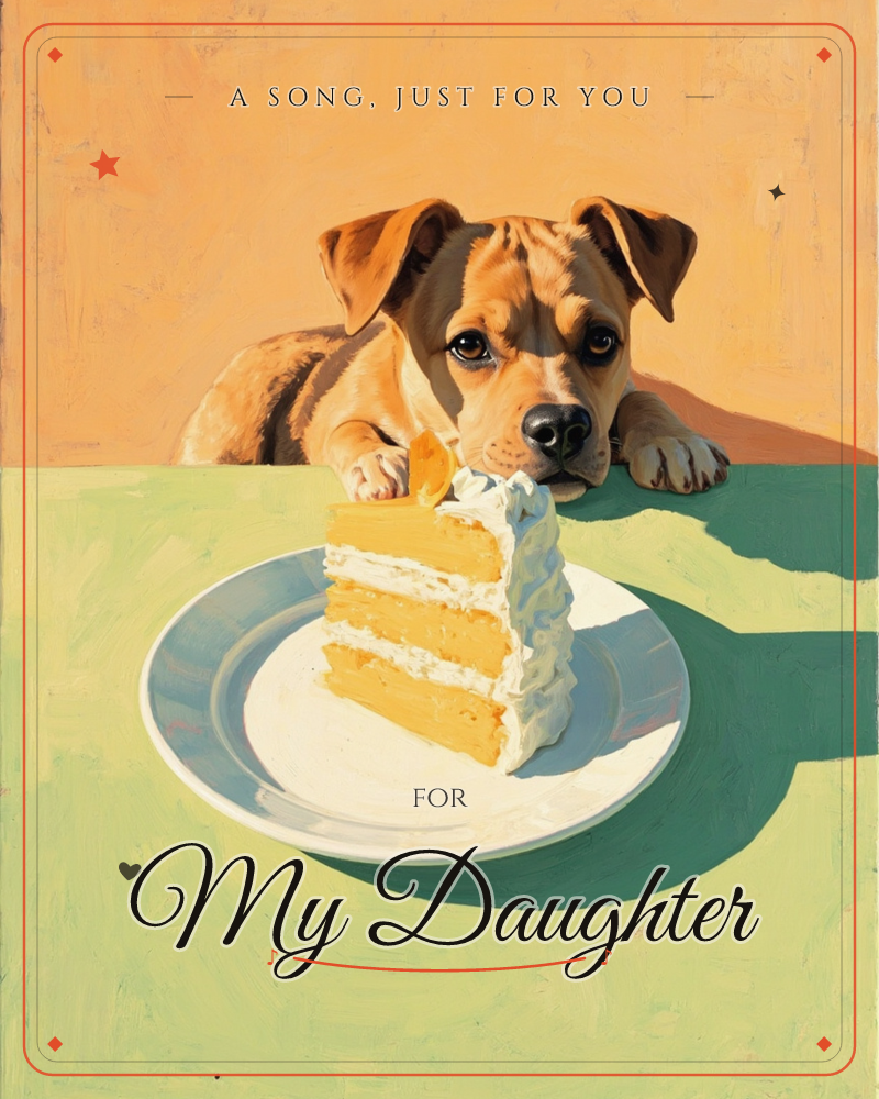 A tan puppy rests its chin on a green tabletop, eyes fixed on a thick slice of layered yellow cake with white frosting sitting on a plate just out of…, a just because e-card design