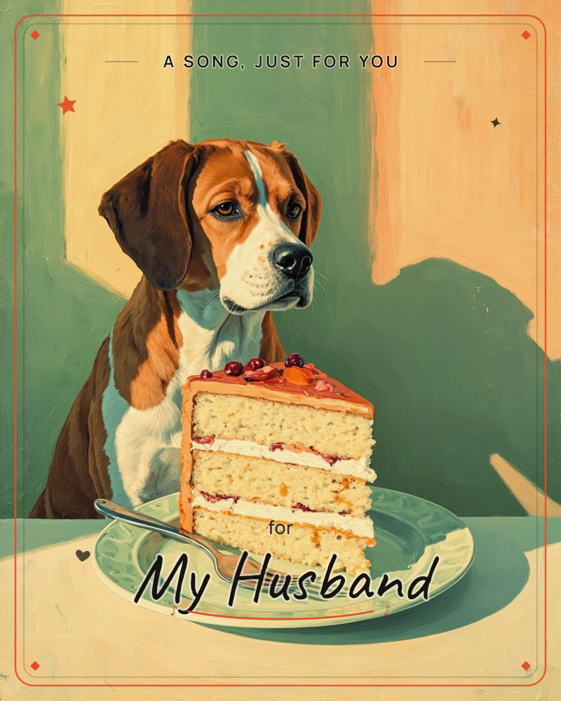 A beagle sits at a table gazing sideways with soulful patience at a tall slice of layered cake topped with berries and glaze, a just because e-card design