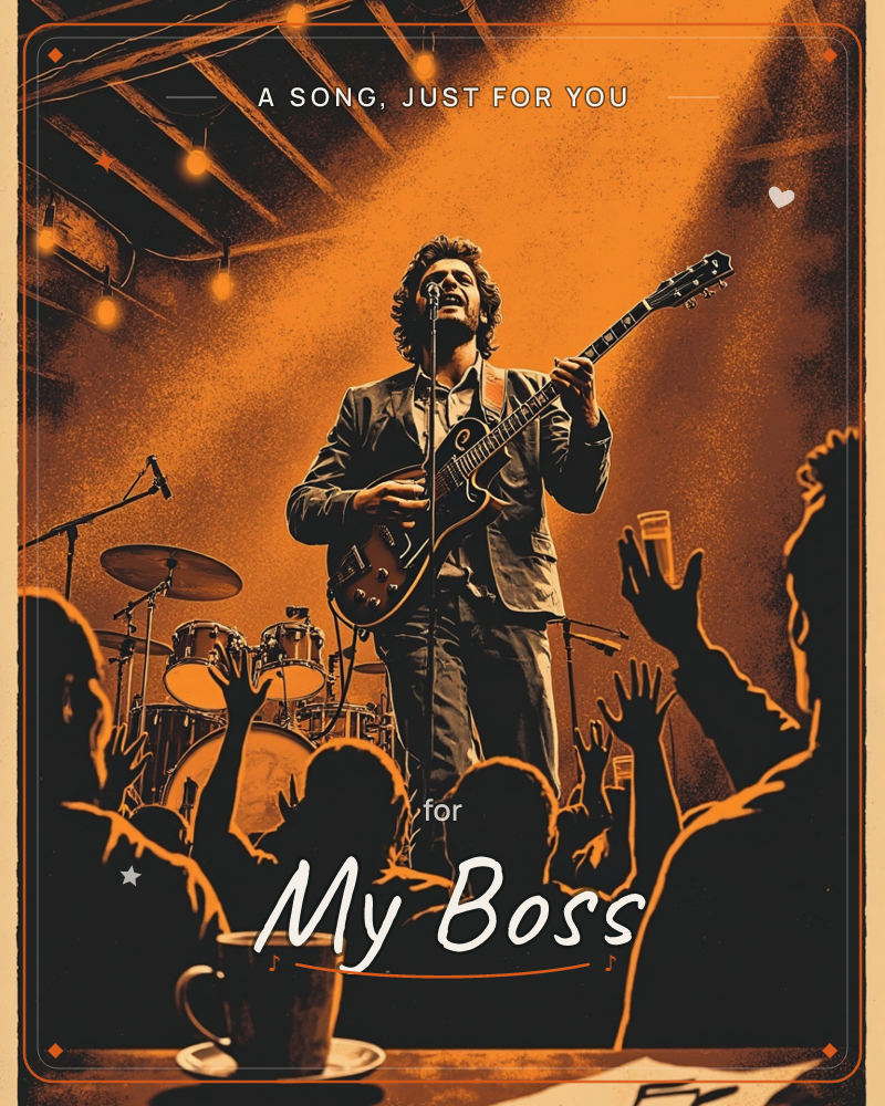 A man with wavy hair stands centre-stage in a rumpled suit jacket, singing into a microphone stand while playing an electric guitar slung on a strap, a just because e-card design by @DiscoMaverick