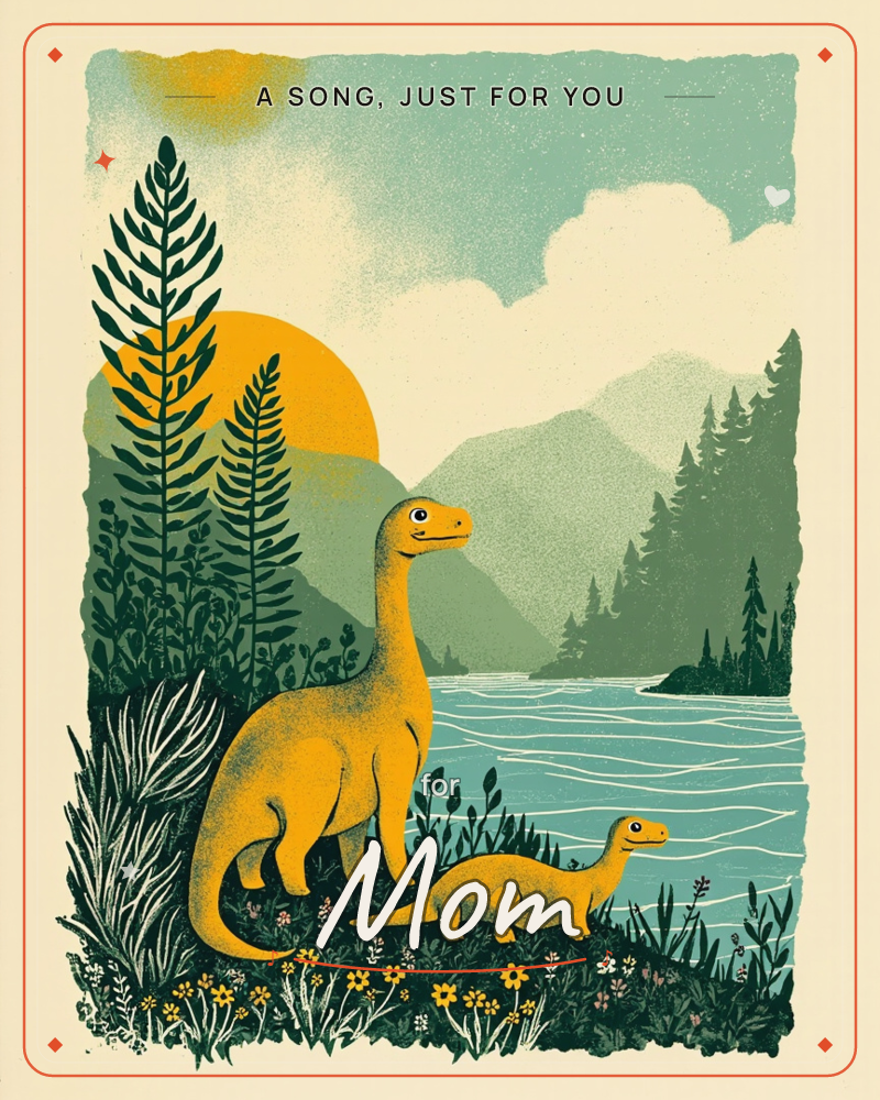 A long-necked mustard-yellow dinosaur and its smaller companion stand together on a wildflower-covered bank beside a rippling lake, with layered green…, a just because e-card design