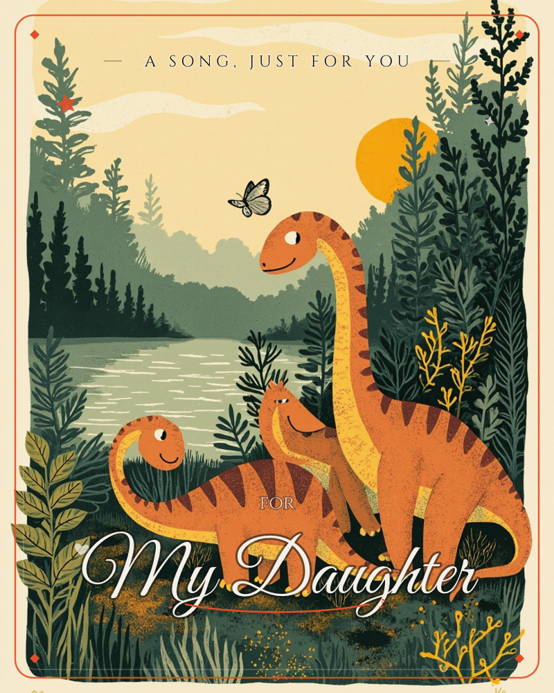 A trio of long-necked orange dinosaurs stands among dense green ferns and pines beside a still lake, a butterfly fluttering above them as a golden sun…, a just because e-card design