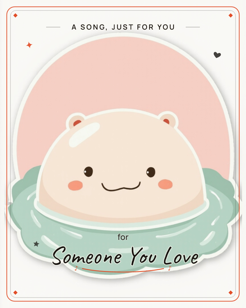 A round cream-coloured creature with a smooth domed head, tiny ears, and a sleepy smiling face peeks out from a fluffy sage-green cloud shape against a…, a just because e-card design