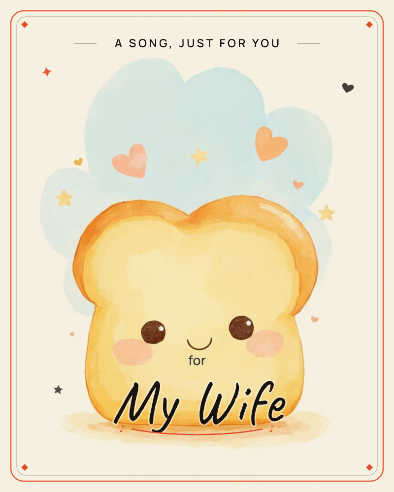 A cheerful slice of golden toast with a happy blushing face sits front and centre against a soft blue cloud shape on a warm cream background, a just because e-card design