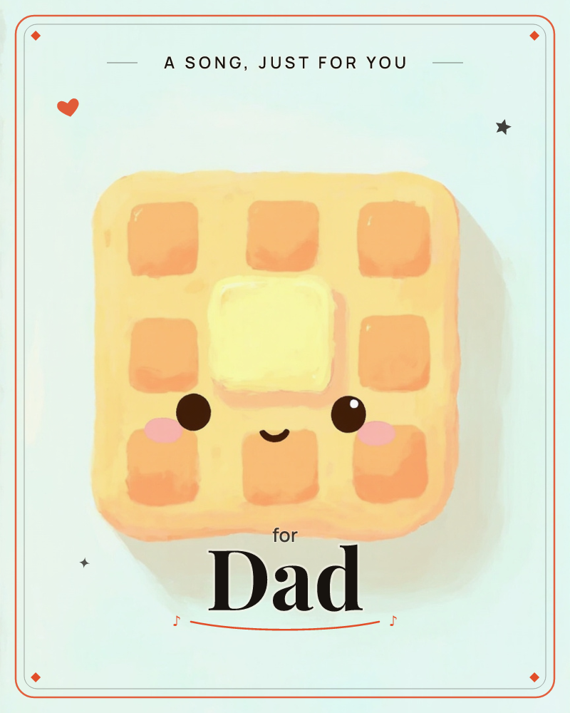 A single golden waffle sits centered on a glowing pale background, its square grid squares warmed with soft orange shading, a just because e-card design