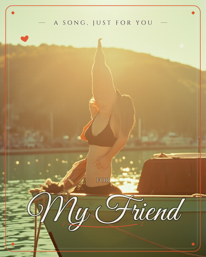 A woman stands at the bow of a small boat in a harbour, arching backward with arms stretched overhead as golden late-afternoon light pours across the…, a just because e-card design