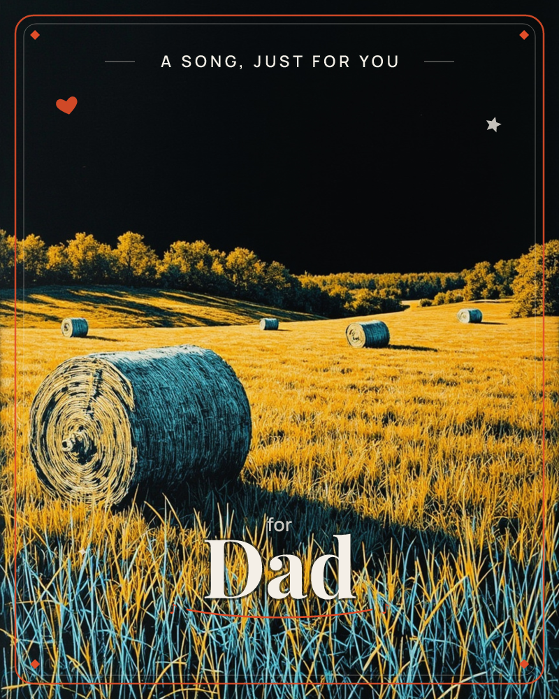 A golden harvest field is scattered with round hay bales under a near-black sky, the tree line glowing amber in low light, a just because e-card design