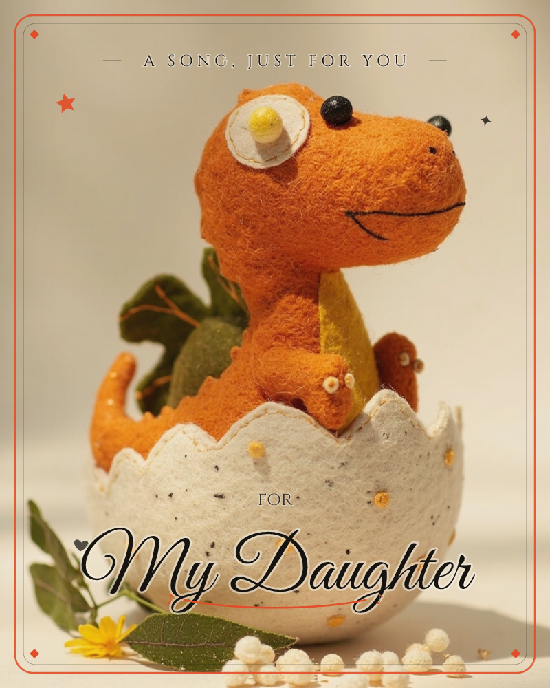 A felted orange dinosaur toy pokes out of a cracked white eggshell dotted with tiny yellow spots, its embroidered eyes and stitched smile giving it a…, a just because e-card design