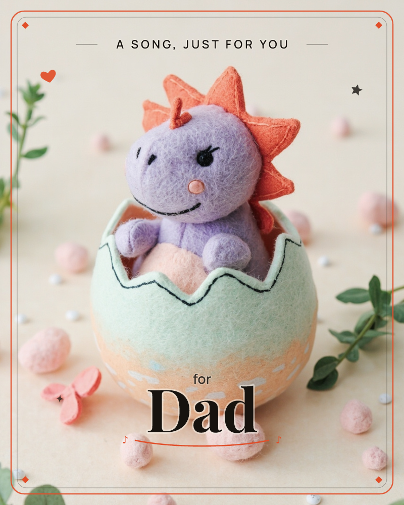 A felt-crafted purple dinosaur with a coral-orange spiky crest peeks out from a cracked mint-and-peach eggshell, its stitched smile and blushed cheeks…, a just because e-card design