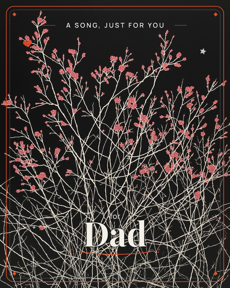 A tangle of pale branches rises against a deep black background, scattered with small clusters of coral-pink blossoms, a just because e-card design