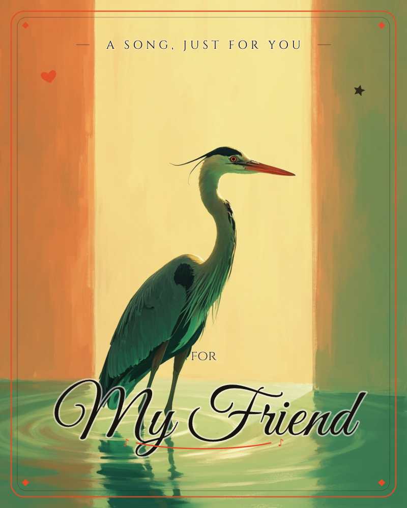 A great blue heron stands still in shallow water, its long orange beak and dark head-plume caught in warm light, a just because e-card design