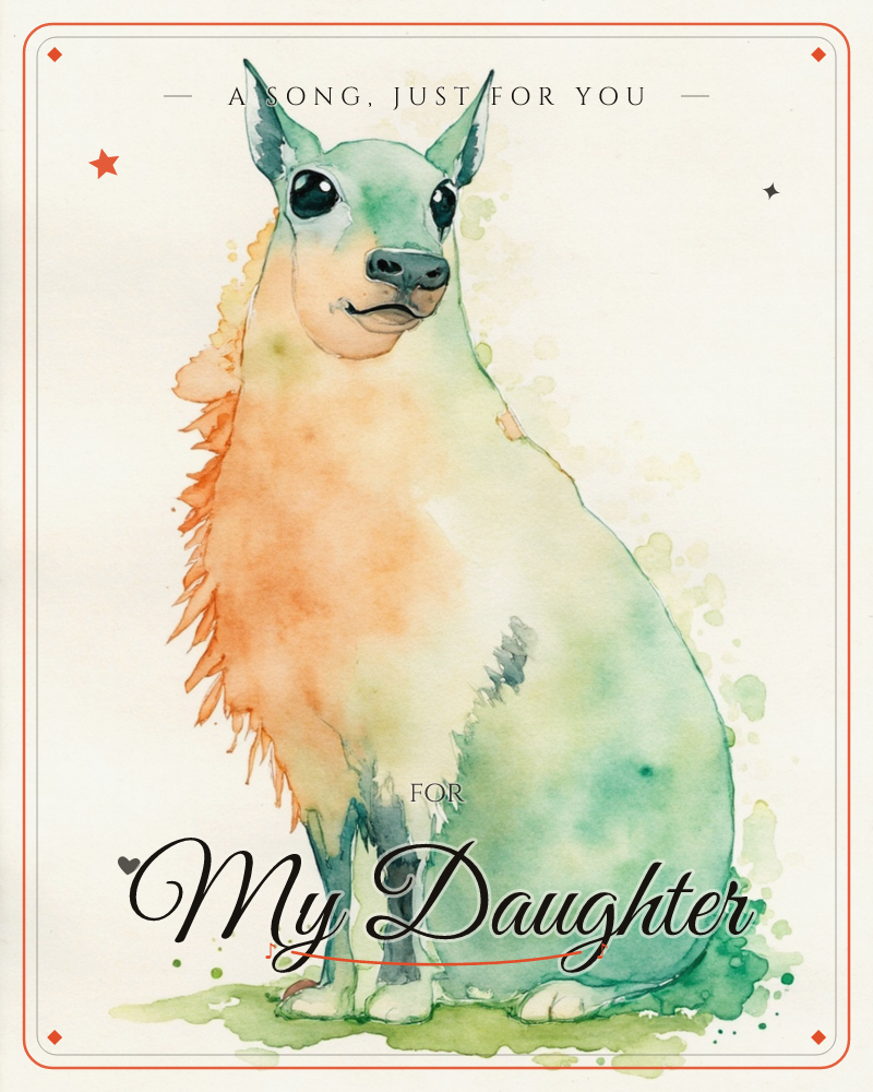 A watercolour dog with pointed ears sits upright and alert against a plain cream background, its fur washed in blended tones of teal, orange and soft…, a just because e-card design