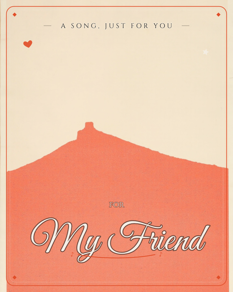 A single coral-orange hill fills the lower half of the card, its ridged silhouette rising to a small square outcrop at the peak, a just because e-card design