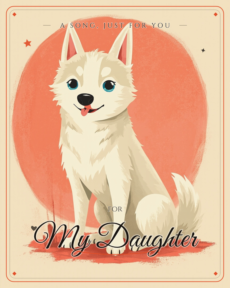 A fluffy white husky-type dog sits proudly against a warm coral sun-like circle, its tongue out in a cheerful pant and its bushy tail curled at its side, a just because e-card design