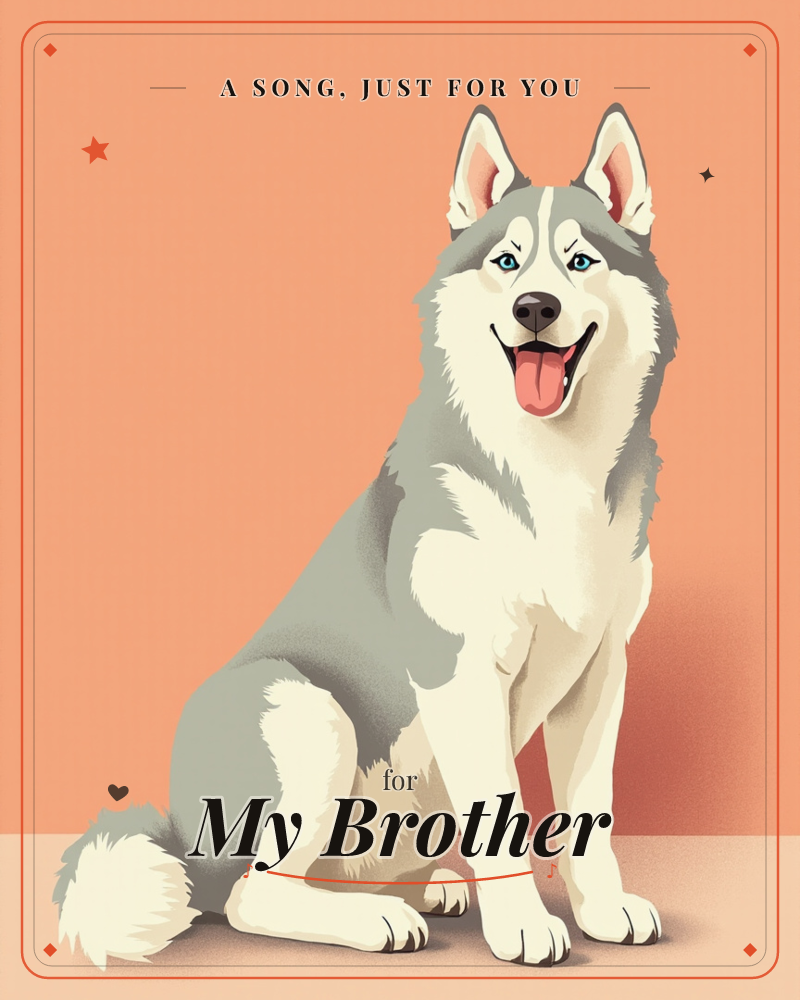 A grey and white husky sits upright against a warm peach backdrop that fades to dark at the edges, its blue eyes bright and tongue out in a cheerful pant, a just because e-card design