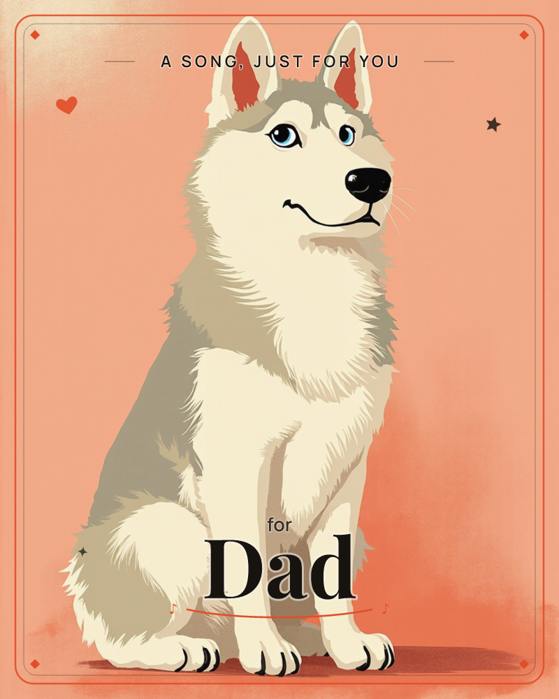 A husky sits upright with its head turned slightly, pale blue eyes and perked ears giving it an alert, gentle expression, a just because e-card design